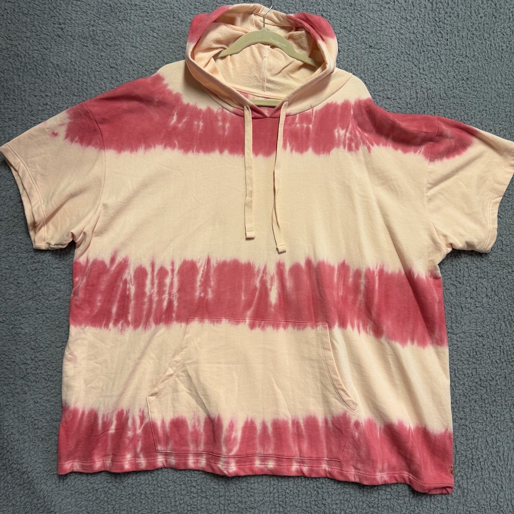 LIVI Women's Tie-Dye Short Sleeve Hoodie Sweatshirt Peach Red Size 30/32 PLUS